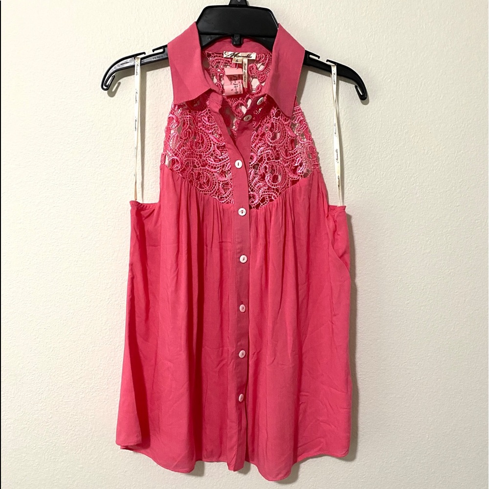 Marine Blu Pink Sleeveless Crochet Button-Up Top Size Small EUC